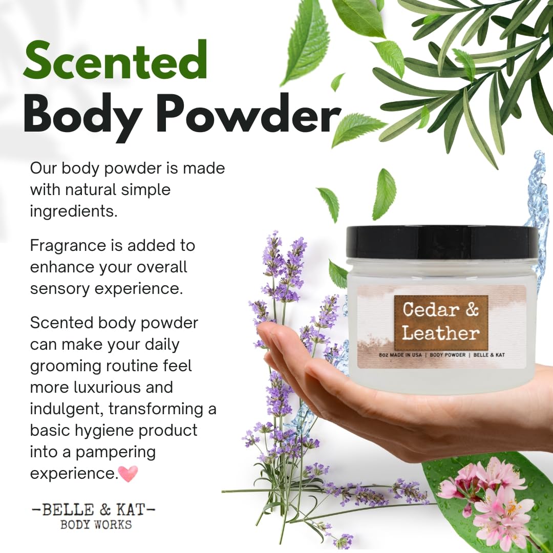 Cedar Leather Scented Body Powder for Men & Women, Talc-Free, 8oz