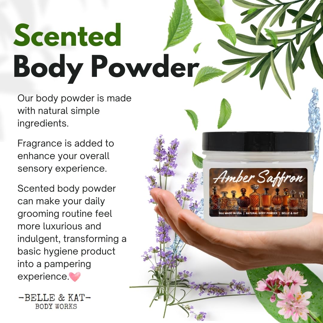 Amber Saffron Scented Body Powder for Men & Women, Talc-Free, 8oz