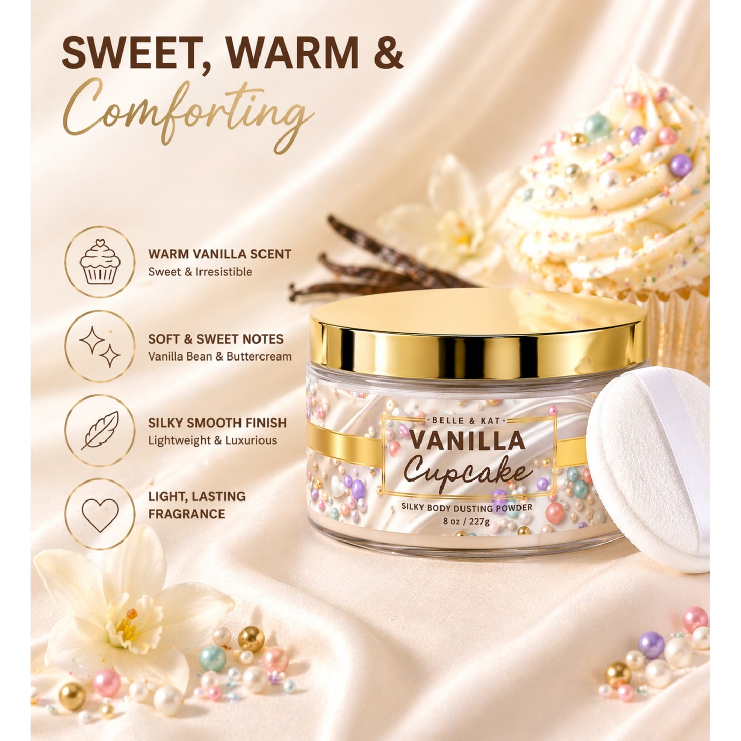 *Vanilla Cupcake Scented Body Powder for Men & Women, Talc-Free, 8oz