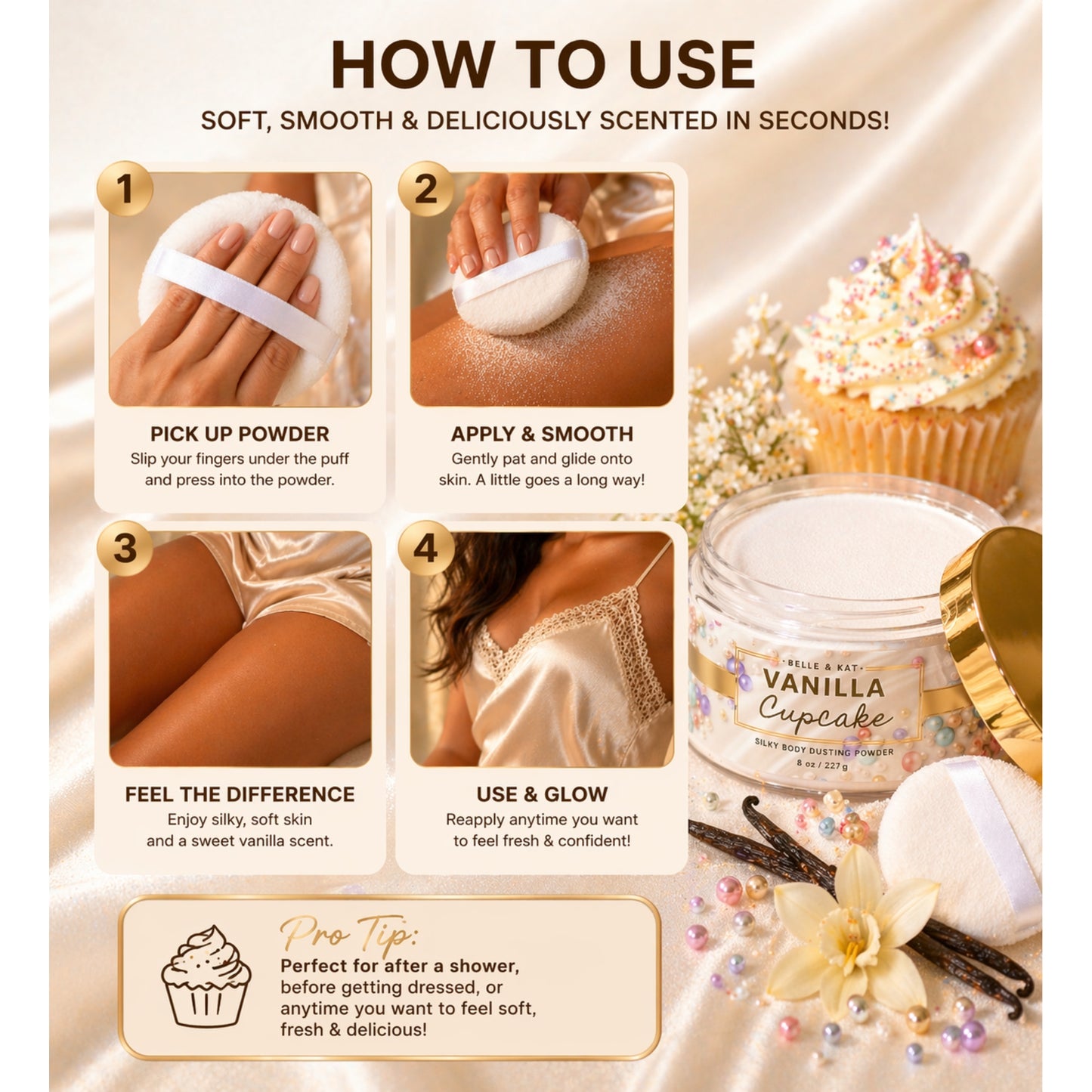 *Vanilla Cupcake Scented Body Powder for Men & Women, Talc-Free, 8oz