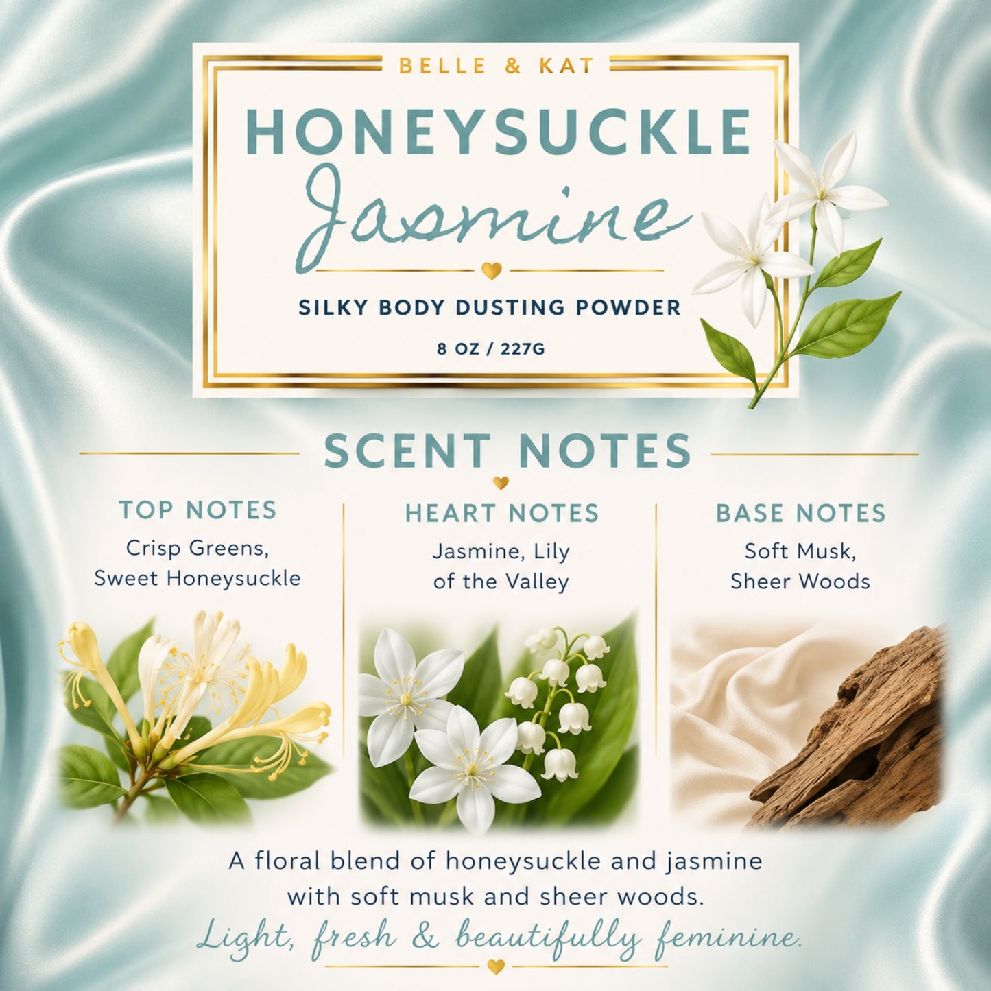 Honeysuckle Jasmine Scented Body Powder for Men & Women, Talc-Free, 8oz